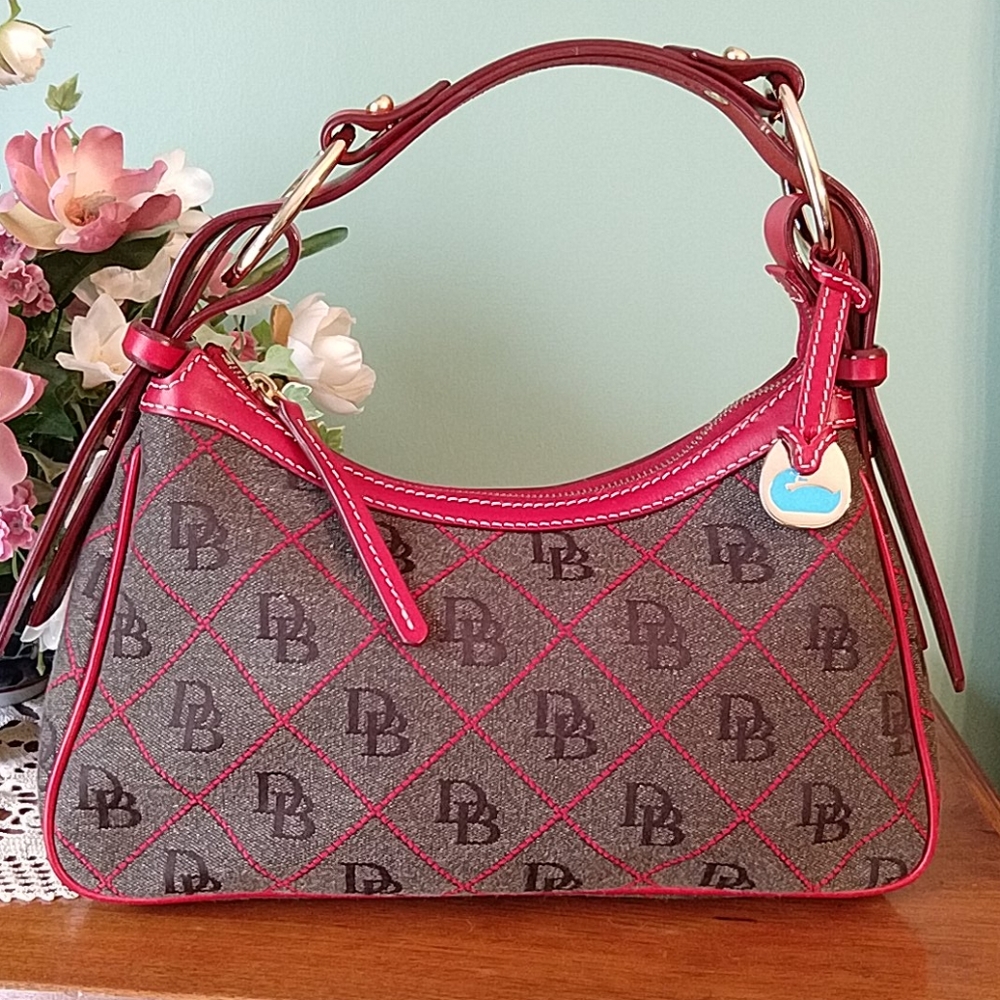 Dooney & Bourke Brown Monogram Shoulder Bag with Pink Trim